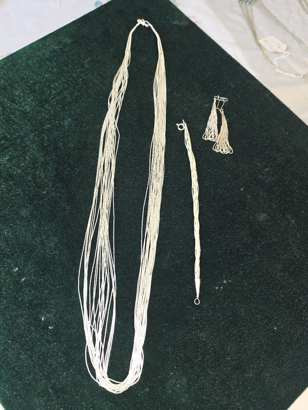 Sterling Silver 20 Strand Necklace , Bracelet and Earrings Set - Silver